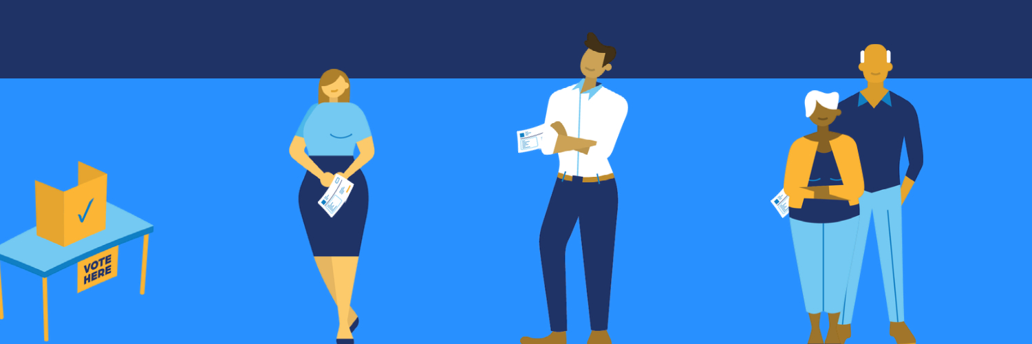 Graphic of cartoon people standing in line waiting to vote