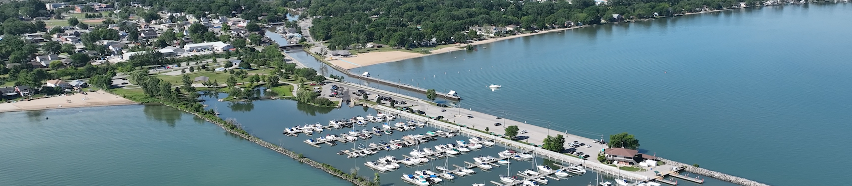 Aerial image of Belle River Marina and restaurant.