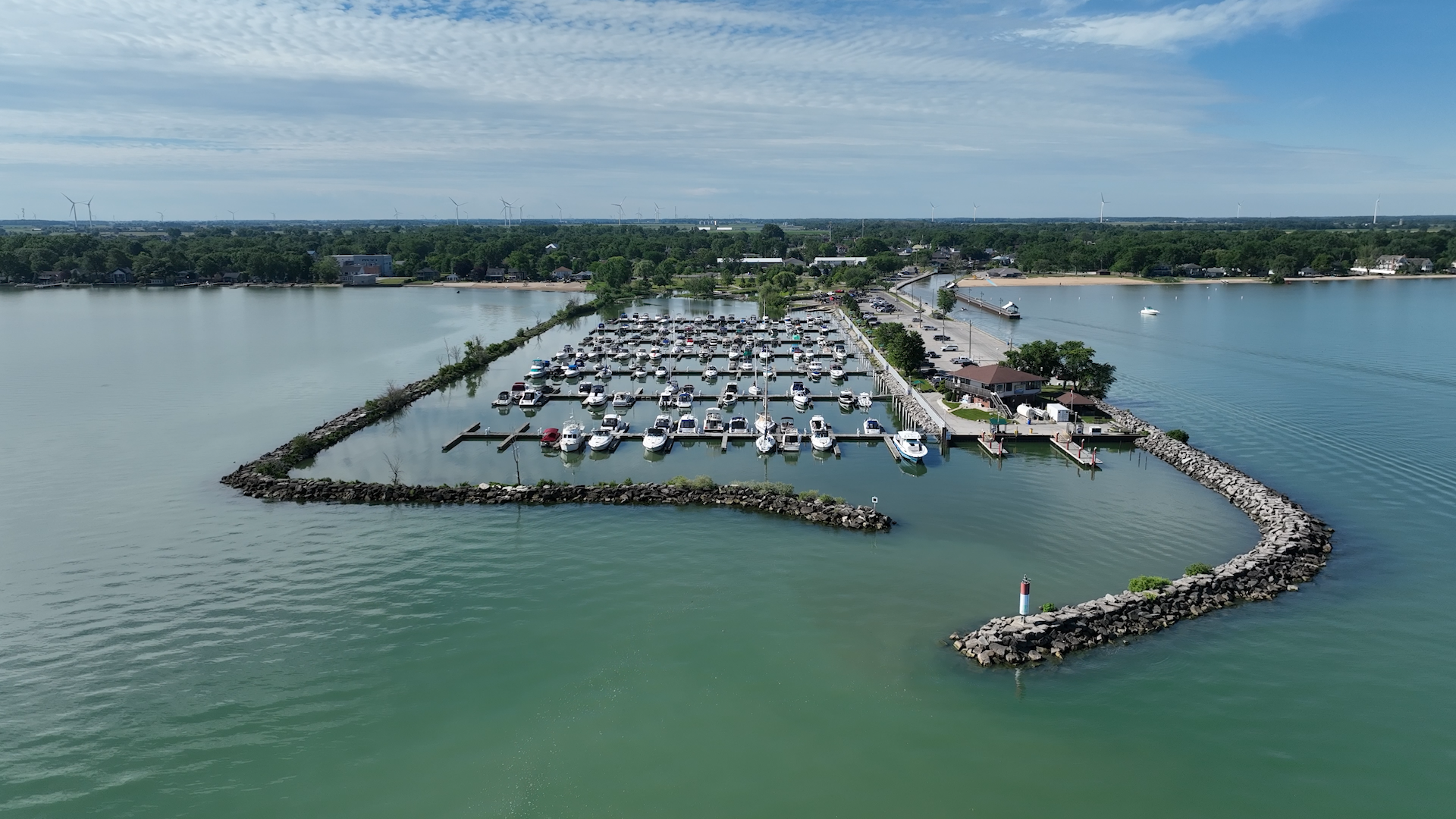 Aerial image of Belle River Marina and restaurant.
